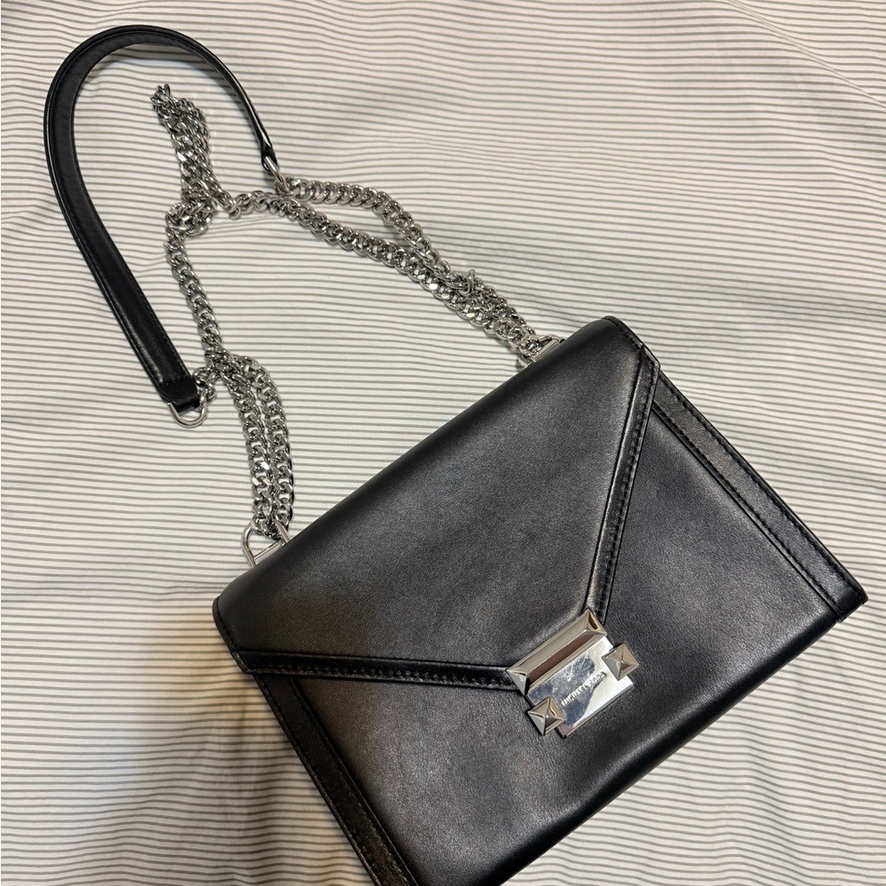 Michael Kors Black Leather Crossbody Bag with Silver Chain